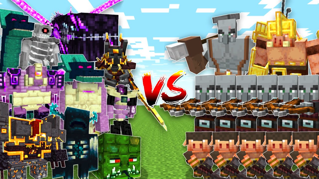 OP BOSSES vs PIGLIN and ILLAGER ALLIANCE - Minecraft Mob Battle