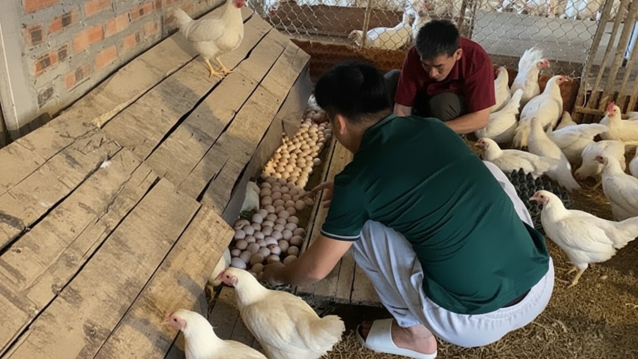Manual Egg Collection at Chicken Farm | Daily Fresh Eggs Harvest from Laying Hens.