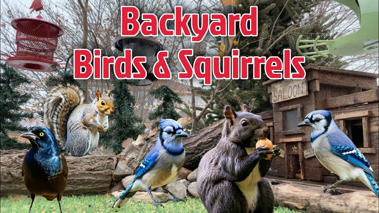 🔴LIVE 4K Winter Garden Bird Feeder | BlueJays, Squirrels, Doves and Sparrows | Cat TV