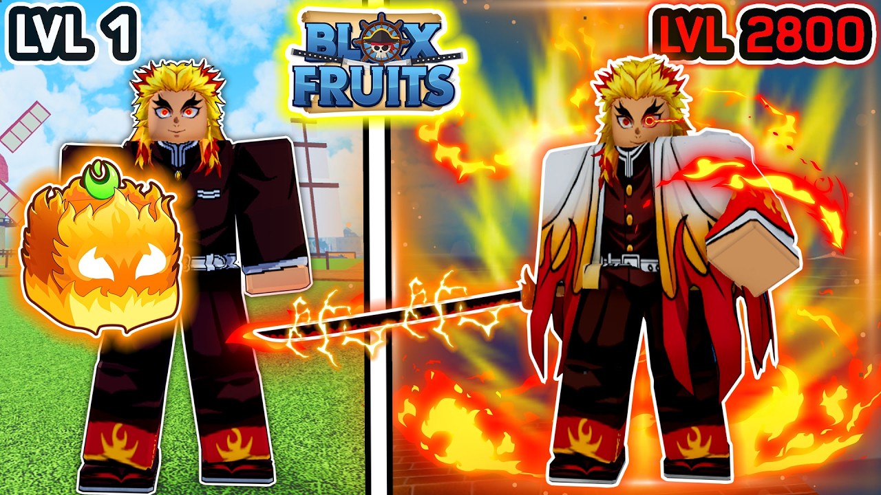 Blox Fruits เวล 1 ถึง 2800 คลิปเดียวจบ!! | เร็นโกคุ เคียวจูโร่ ผลไฟ ดาบRengoku ตัน !!