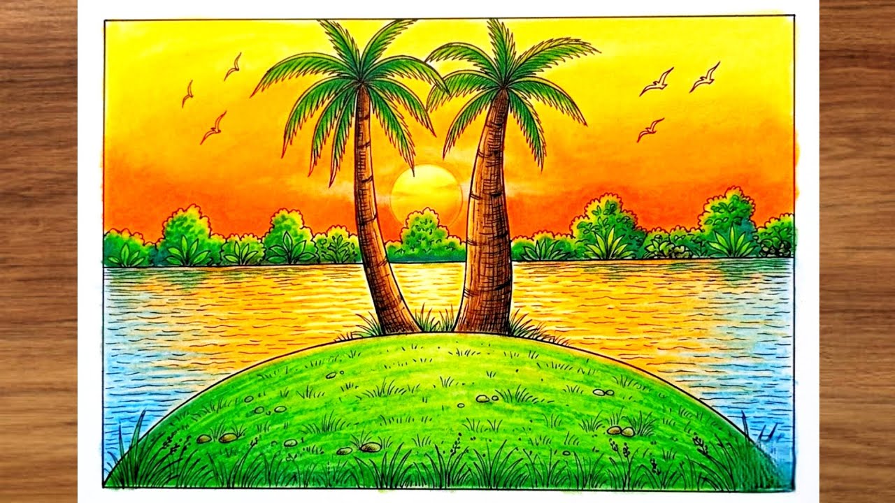How to Draw a Beautiful Sunset Island Scenery for Beginners | Easy Sunset Island Landscape Drawing