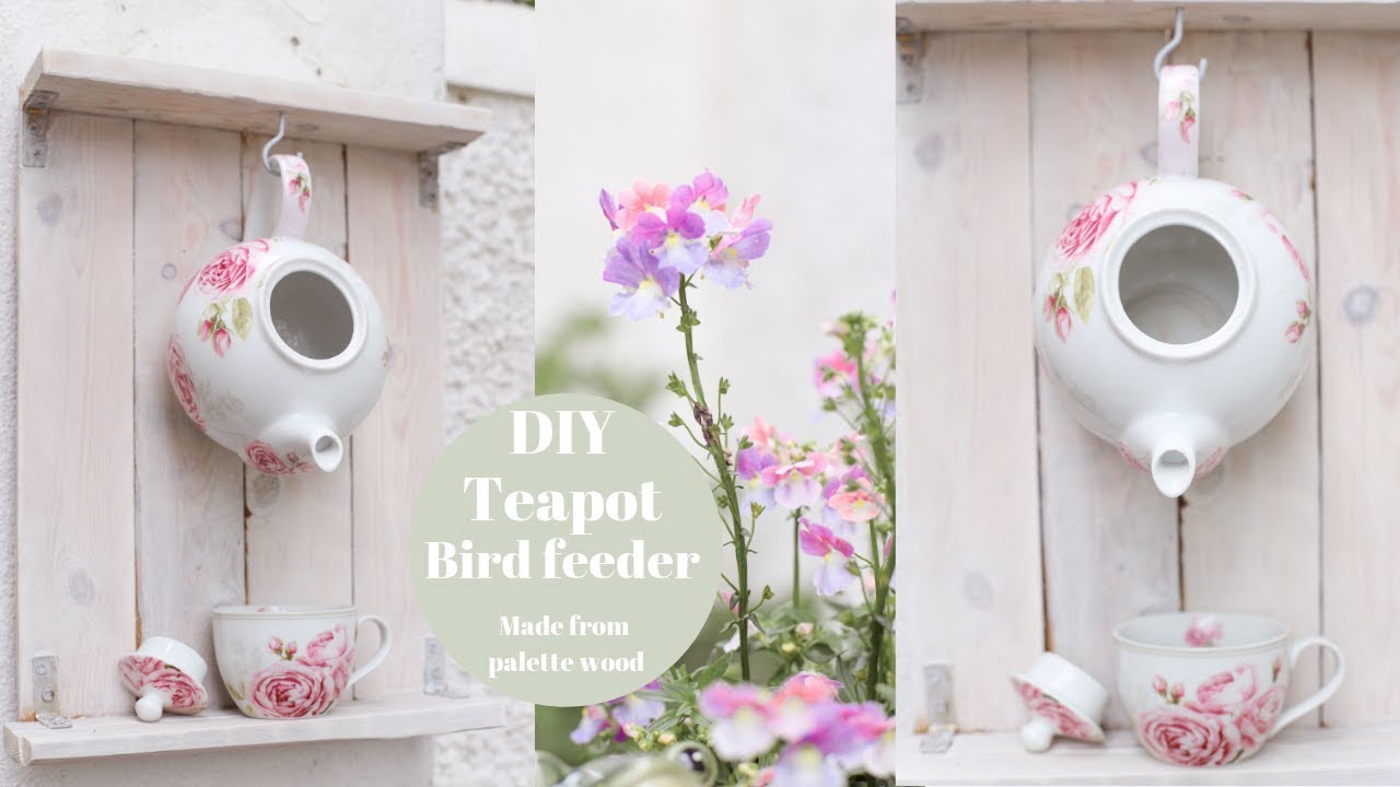 DIY Teapot bird feeder from recycled pallet wood