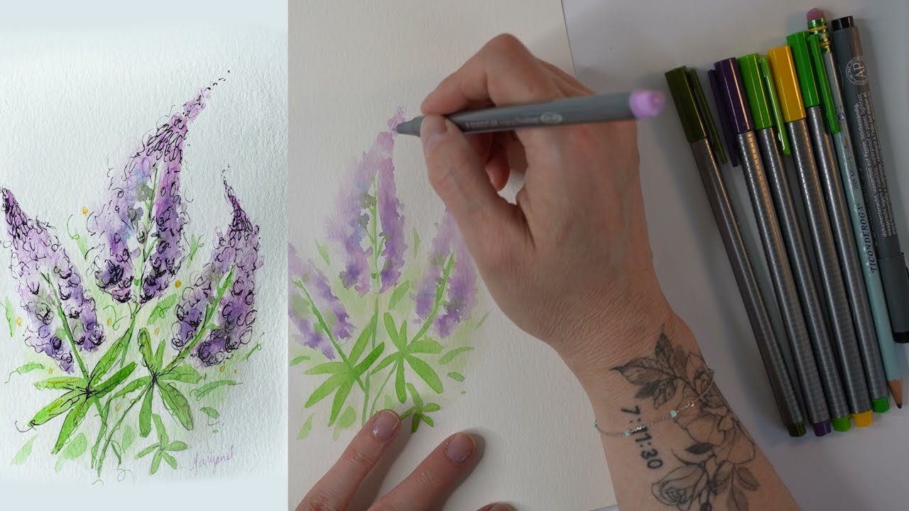 Mixing Scribble Ink Markers with Watercolor | Draw and Paint Loopy Loo Lupines