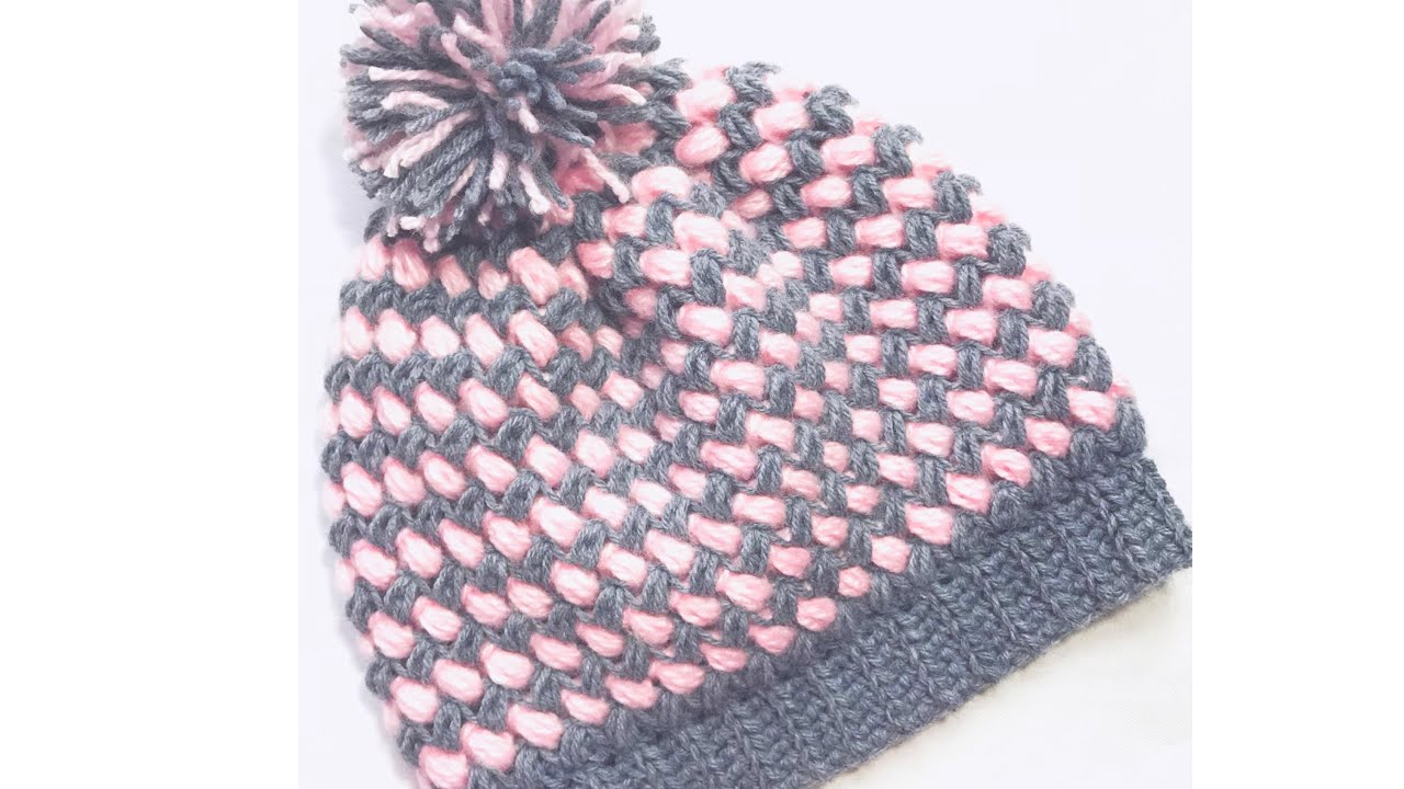 Gorro para adultos en gancho con punto frijol en dos colores #115