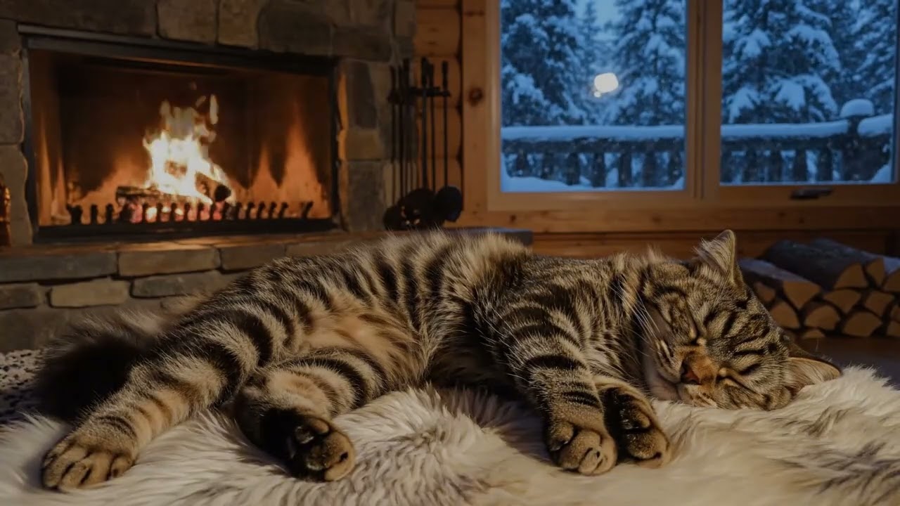 Cozy Winter Night Ambience with Crackling Fireplace and Purring Cat for Deep Rest