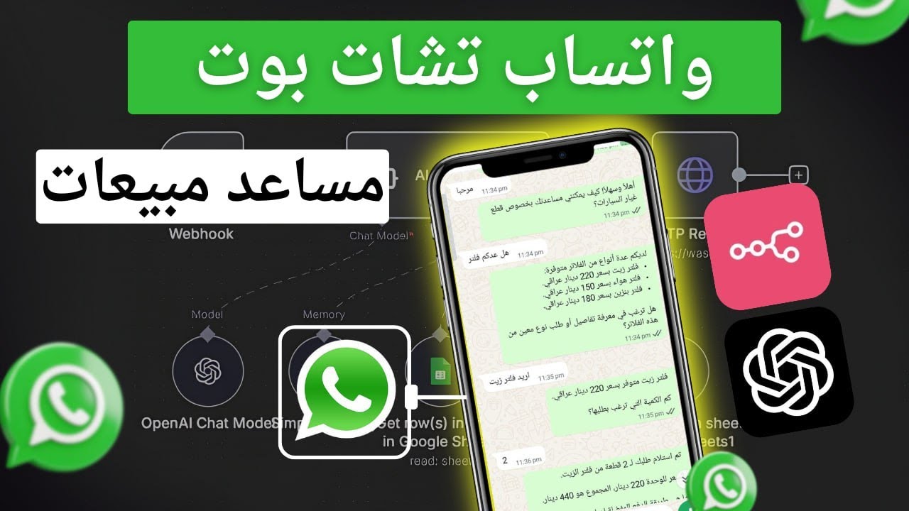 طريقة إنشاء مساعد مبيعات على واتساب بدون برمجة يجيب على العملاء ويبيع منتجاتك تلقائياً | n8n + AI
