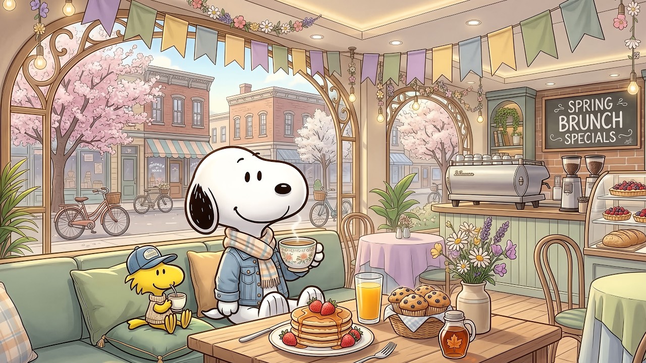 Cozy Spring Café with Snoopy 🌸 Gentle Jazz Music Instrumental for Work & Relaxation