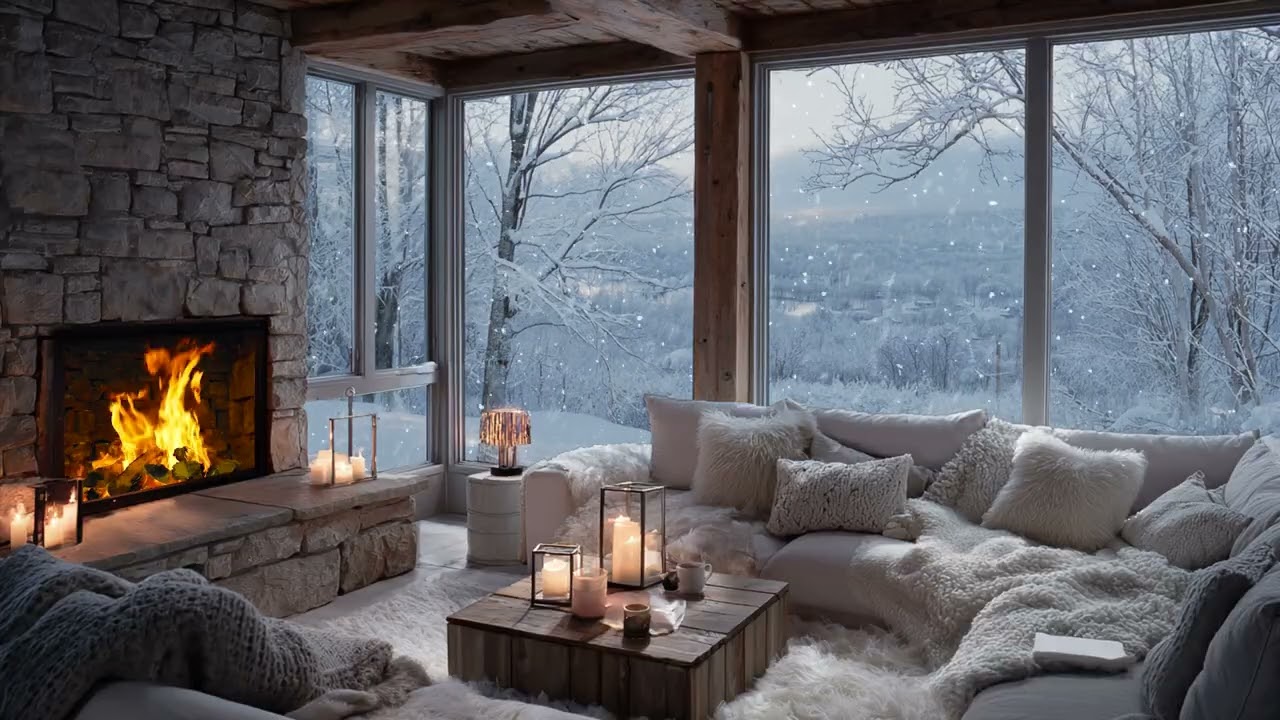 Cozy Living Room Fireplace Glowing Warmly As Snow Falls Beyond The Frosted Window