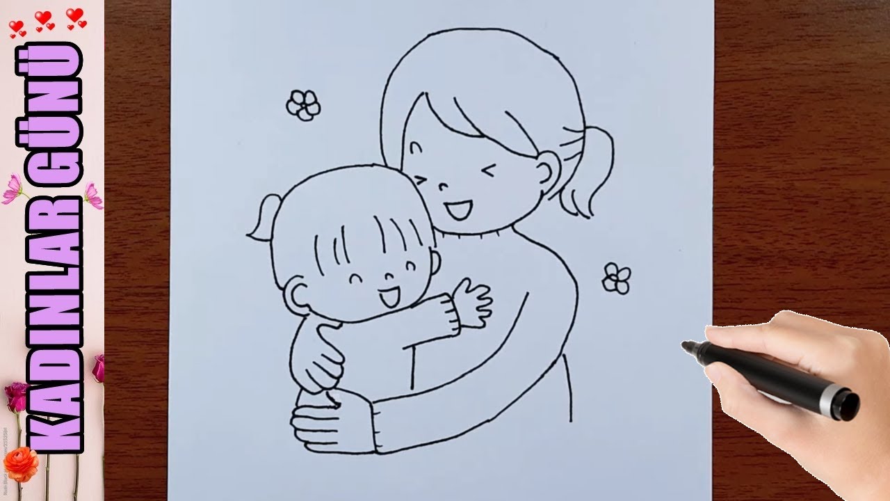 8 MART DÜNYA KADINLAR GÜNÜ RESMİ NASIL ÇİZİLİR - KADIN VE ÇOCUK ÇİZİMİ KOLAY