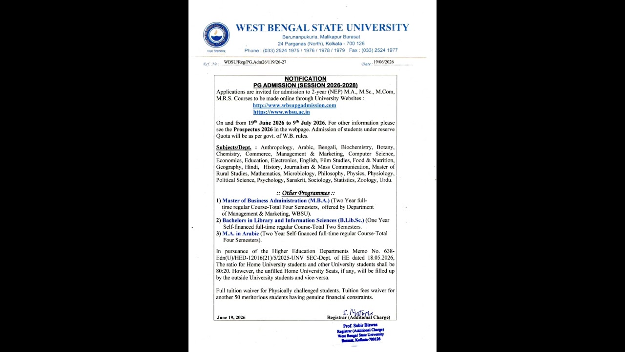 WBSU PG ADMISSION 2026 ll WBsu pg ma admission notice 2026 ll wbsu pg admission notice today 2026
