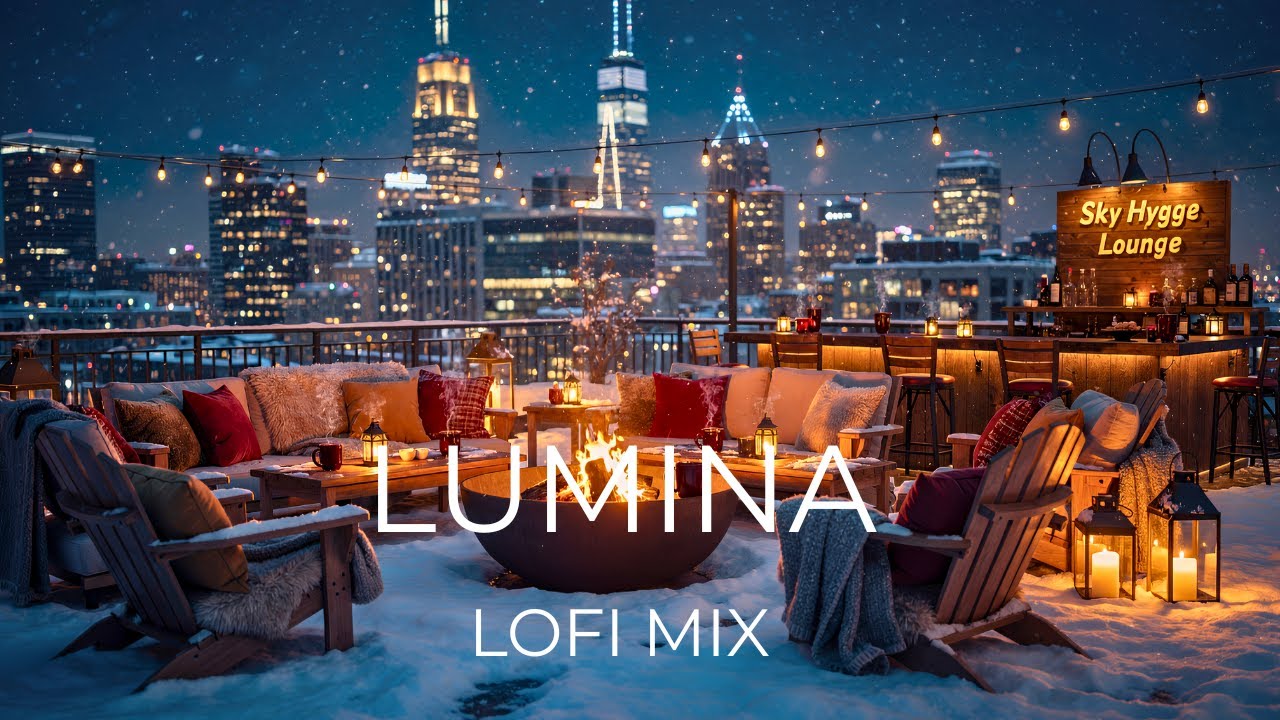 Sky Hygge ❄️ Snowy Rooftop Fire Pit Lofi | Winter Chill Beats & City Views