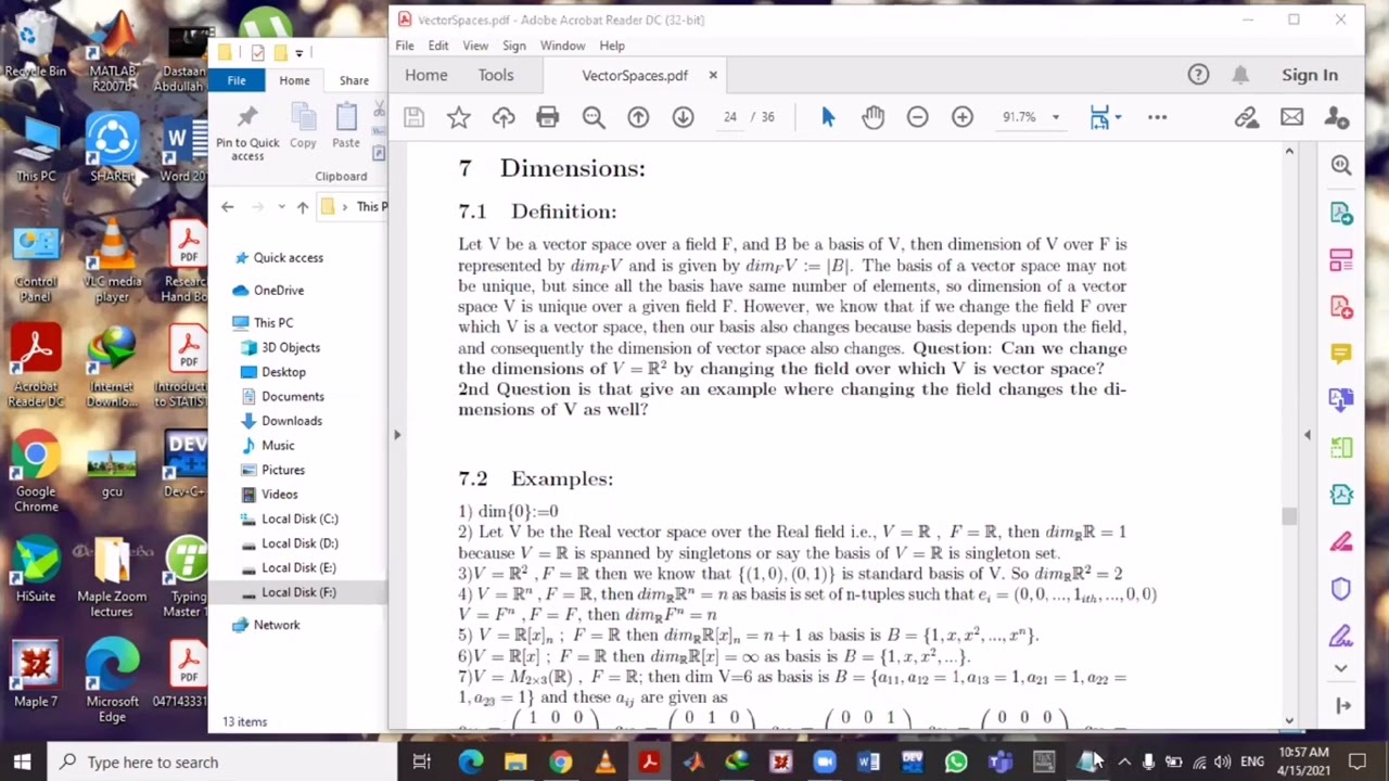 Dimensions of a Vector Space Urdu/Hindi