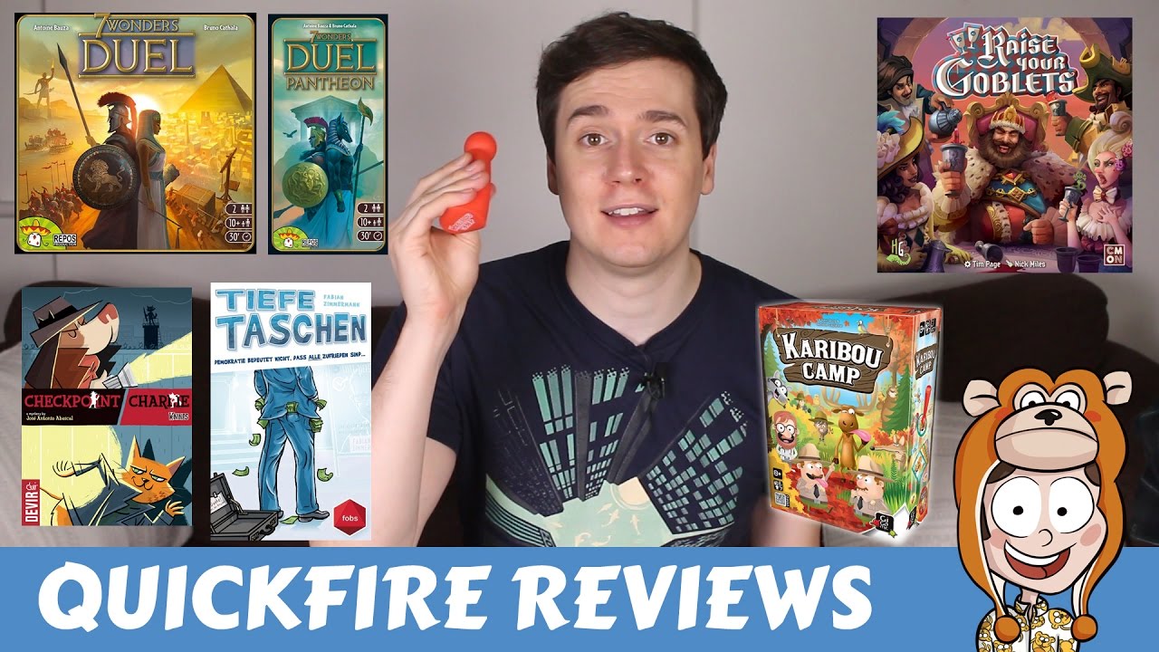 Reviews: 7 Wonders Duel + Pantheon, Raise Your Goblets, Tiefe Taschen, Karibou Camp etc.