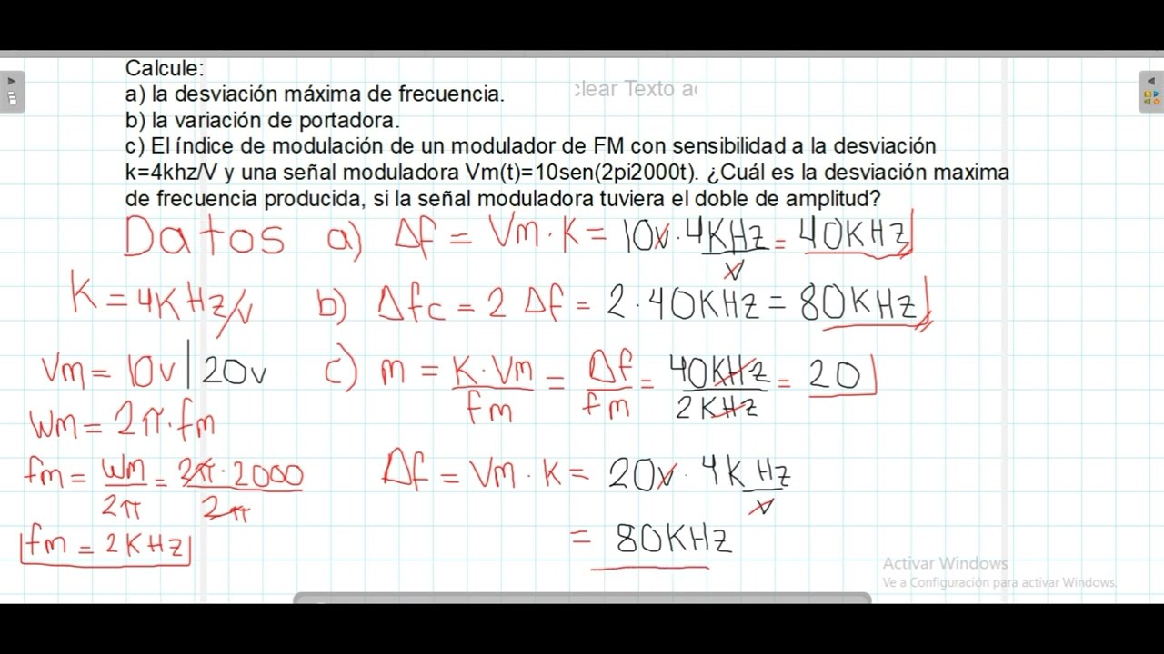 (FM)ツ😺CALCULAR LA DESVIACIÓN DE FRECUENCIA Y LA VARIACIÓN DE PORTADORA Y EL ÍNDICE DE MODULACIÓN 😊