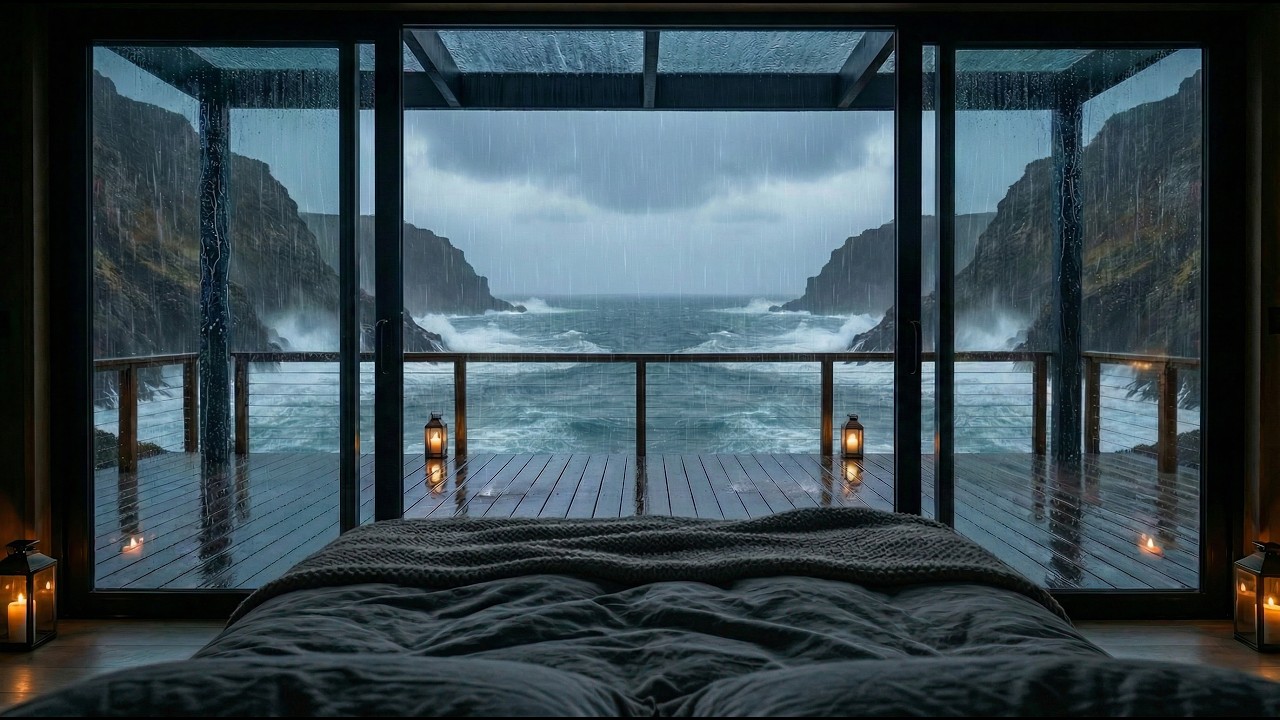 Rainy Ocean Storm from a Cozy Cabin Bed 🌊 Sleep Instantly with Rain & Wave Sounds