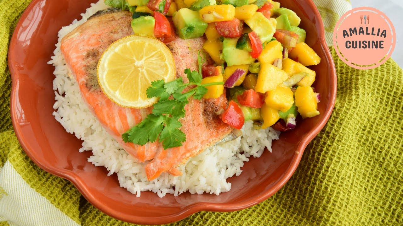 Baked Salmon with Coconut Rice and Mango Avocado Salsa