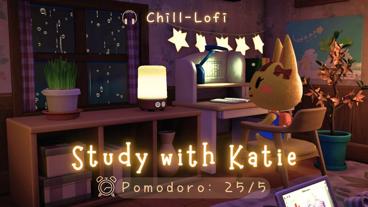 ⏰️Pomodoro 25/5 • Study with Katie 🎧 Cozy Lofi music + rain w/ thunder & windy ambience