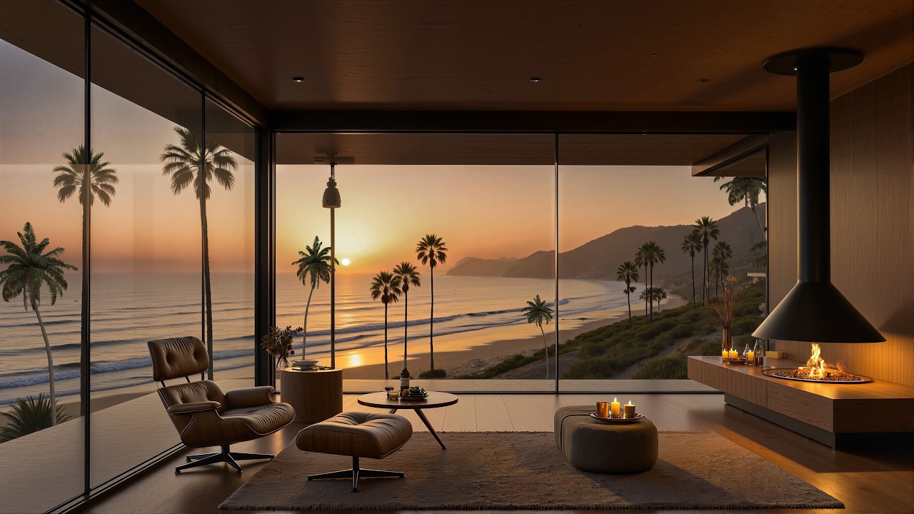 Sunset Jazz Evening in Luxury Oceanfront Villa | 4K Relaxing Music | Coastal Fireplace Chill 🌅🎷🔥