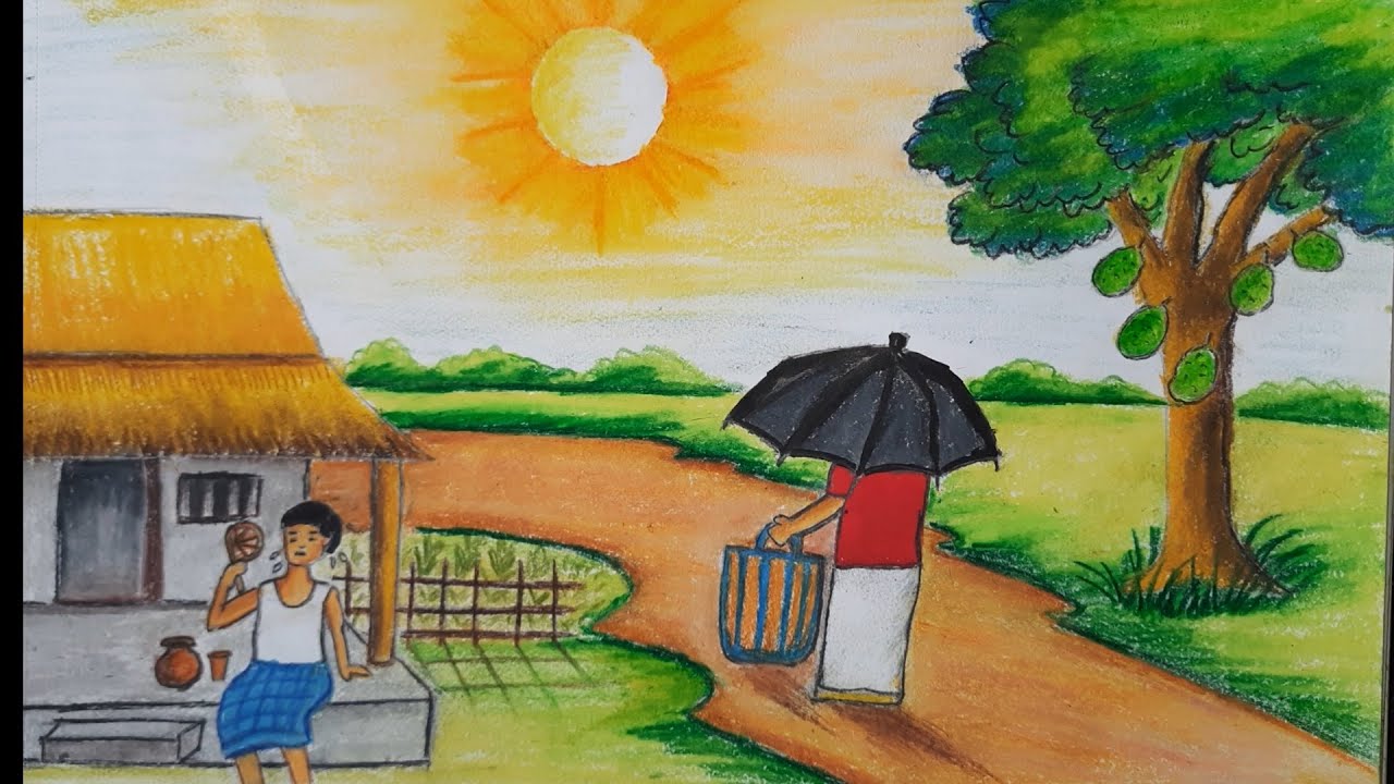 How to draw scenery of summer season very easy step by step| drawing of summer season easy steps