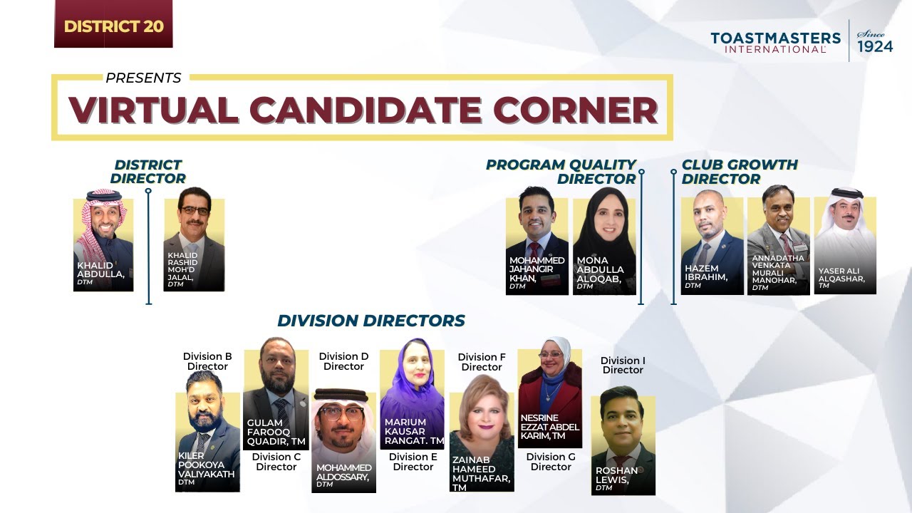 Virtual Candidate Corner - District 20 Toastmasters