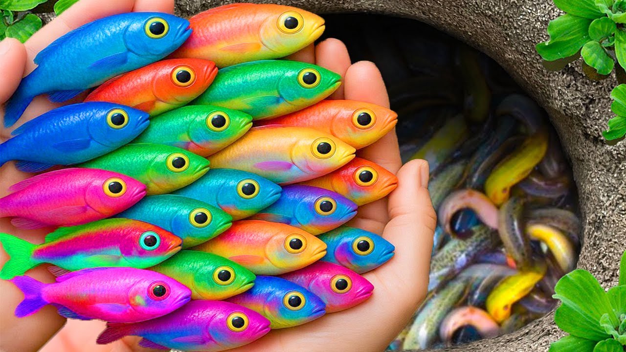 Awesome catch beautiful aquarium fish in small pond: red ear koi, eels, neon blu guppy, baby turtle.