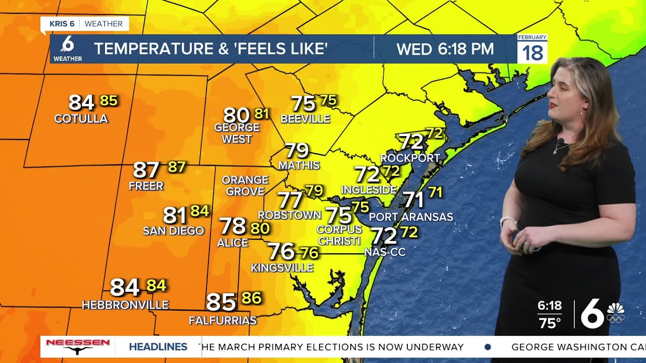 THURSDAY: Warm, breezy, and humid conditions continue across the Coastal Bend