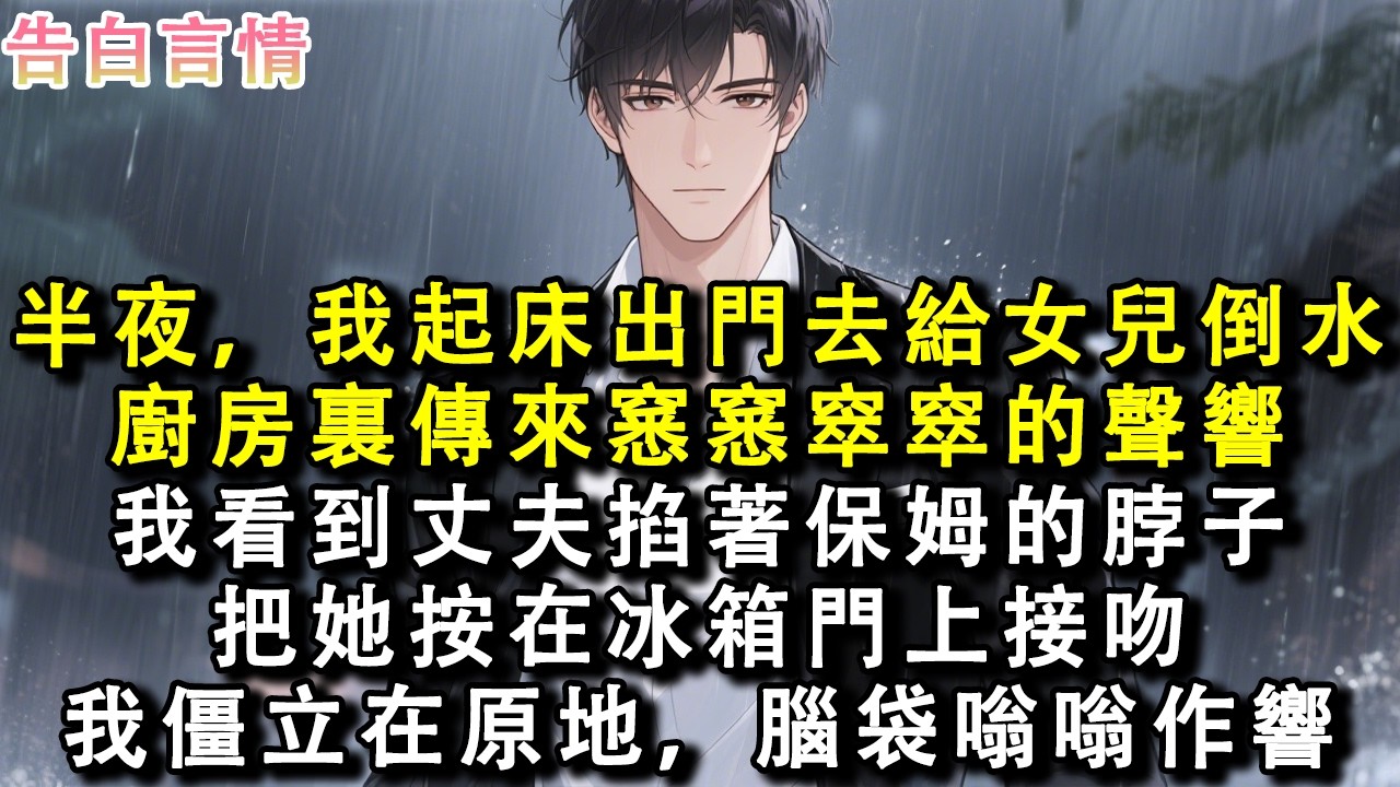 半夜，我起床出門去給女兒倒水。廚房裏傳來窸窸窣窣的聲響。我看到丈夫掐著保姆的脖子把她按在冰箱門上接吻。我僵立在原地，腦袋嗡嗡作響。#小說 #情感 #故事