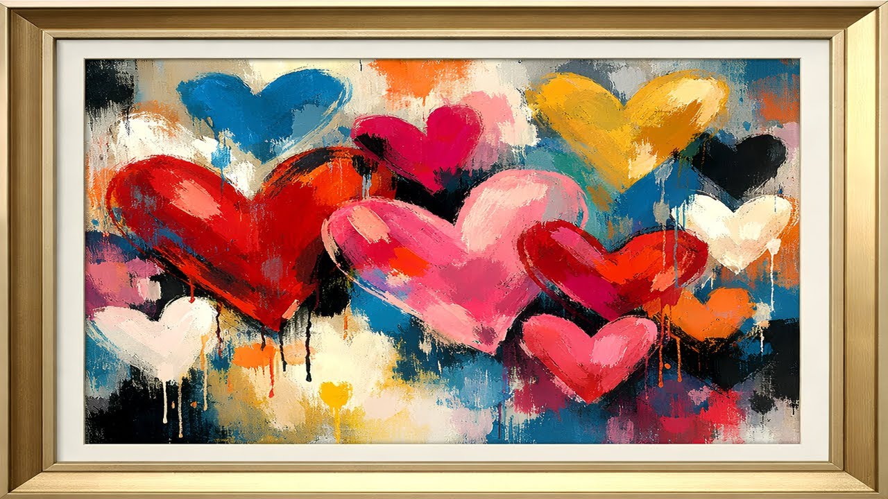 Valentine’s Day Gold Frame TV Art Print with Abstract Painted Hearts | for Samsung Frame TV