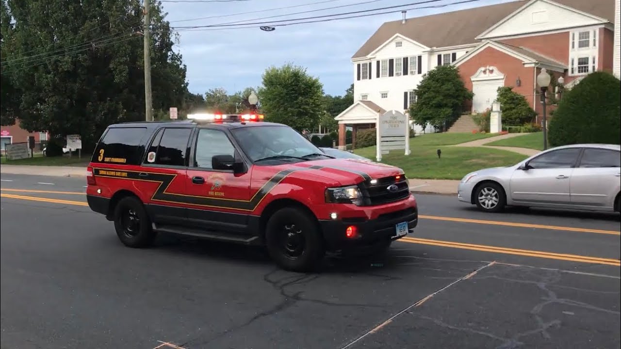 Southington Fire Department Car 3, Ladder 1, and Car 6 responding to an MVA