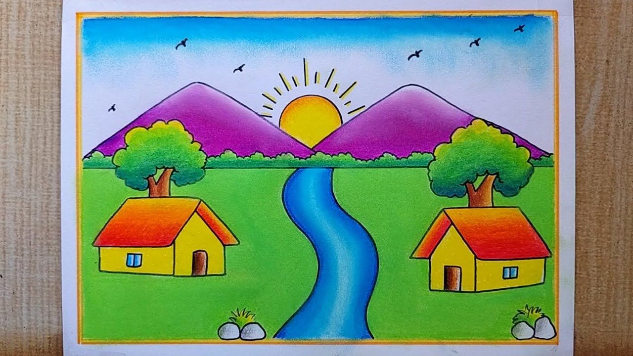 Very very easy Scenery drawing| Landscape scenery drawing easy| Village scenery drawing