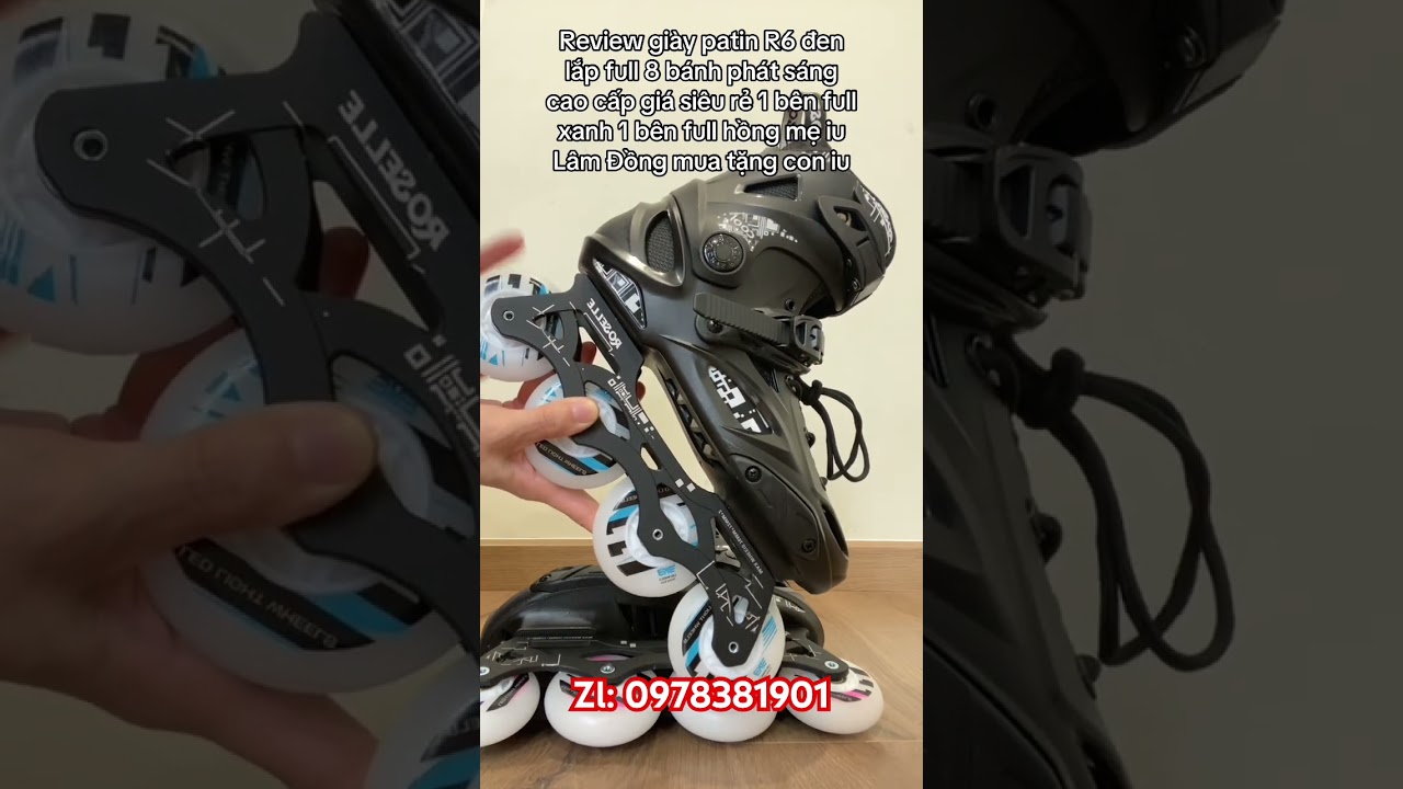 Review giày patin R6 đen lắp full 8 bánh phát sáng cao cấp giá siêu rẻ 1 bên full xanh bên full hồng