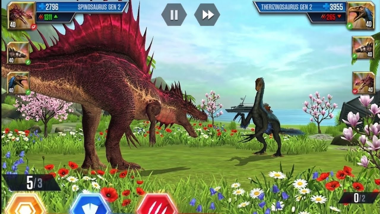 SPRINGTIME BATTLE BETWEEN SPINOSAURUS GEN 2 VS THERIZINOSAURUS GEN 2 - Jurassic World The Game 