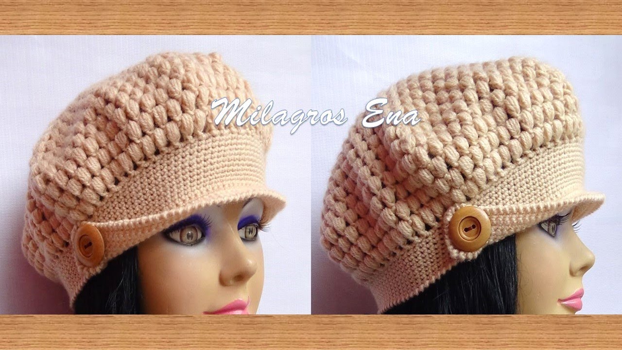 Como tejer la Boina N° 15 a crochet con visera para niñas y mujer en punto garbanzo paso a paso