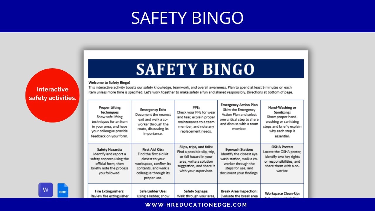Employee Safety Bingo Template for Workplace: Fire Safety First Aid Training, OSHA, Safety Committee