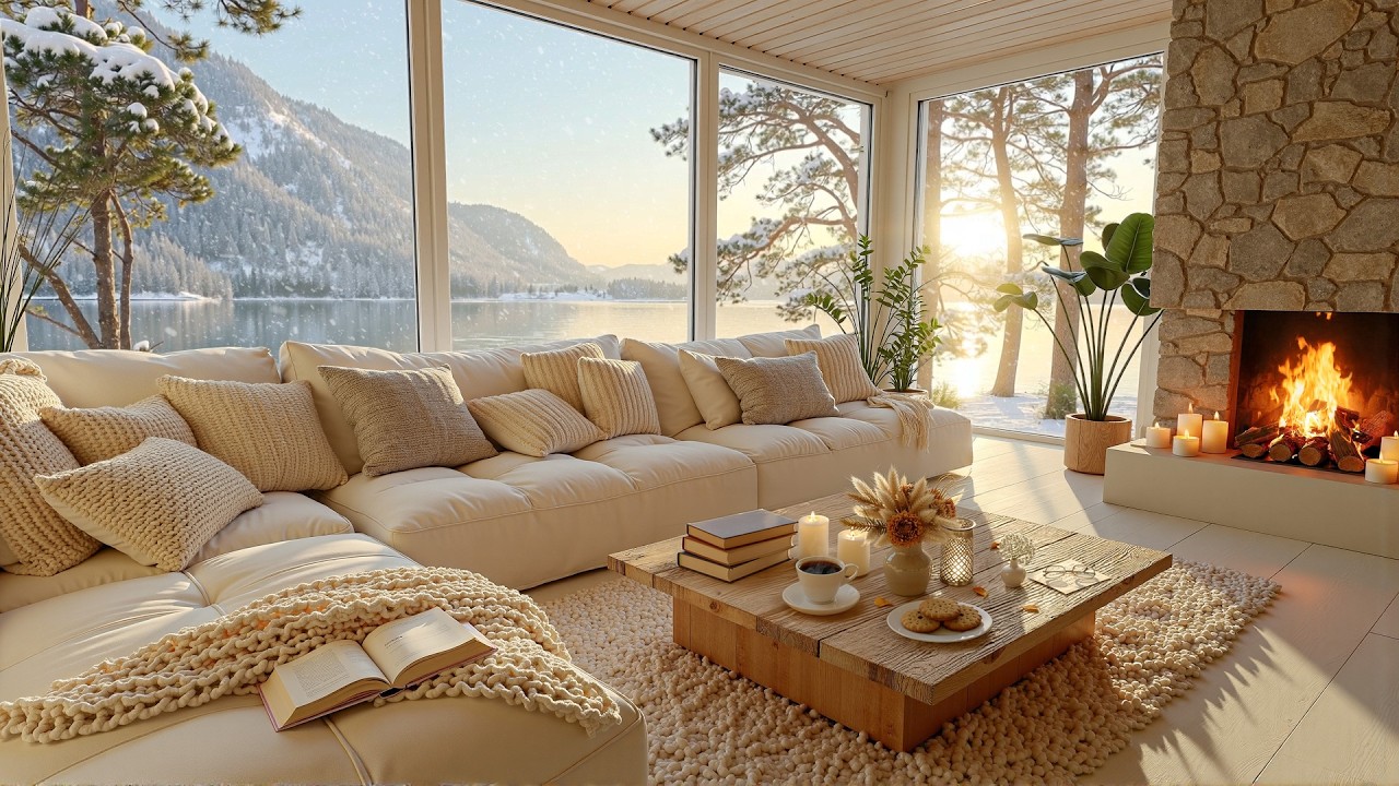 Slow February Winter Morning Coffee Jazz by the Lakeside ☕ Warm Fireplace Jazz Cabin for Study, Work