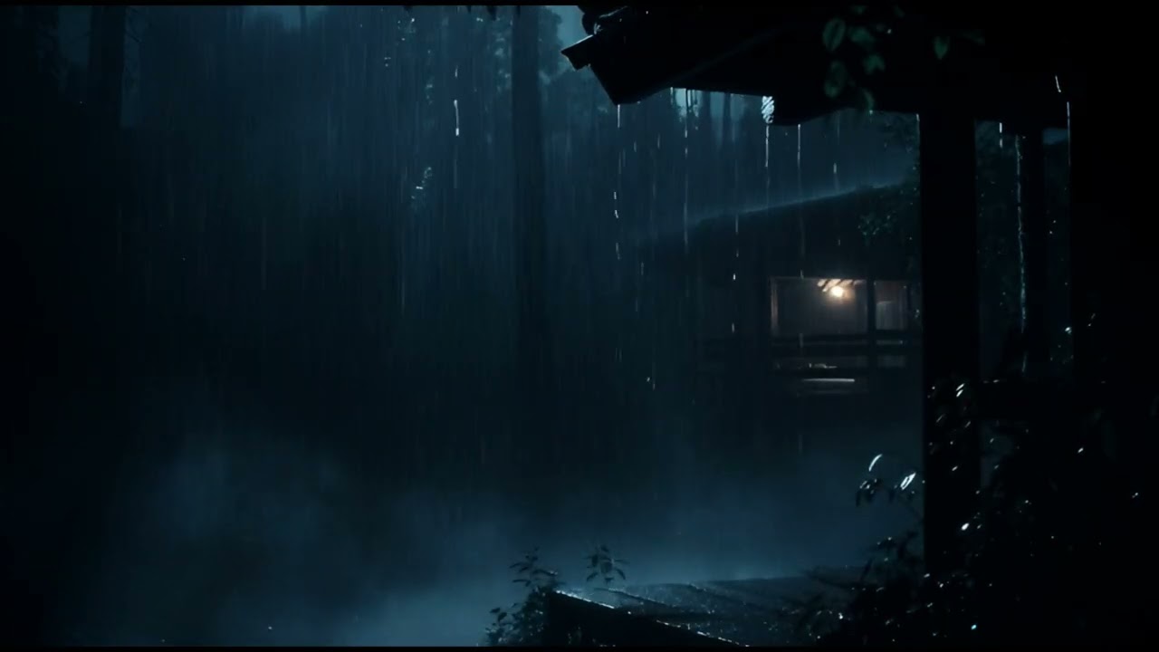 Heavy rain in a log cabin in the middle of the forest for quality sleep relaxation | ad-free