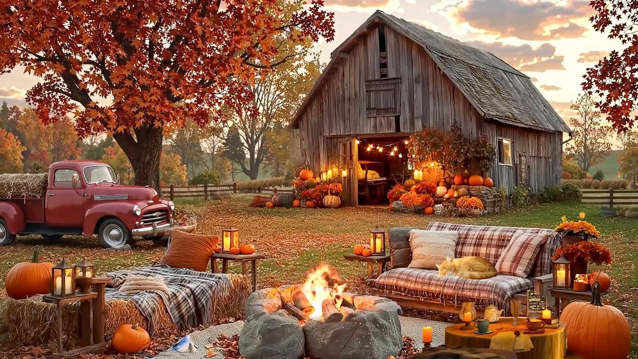 Autumn Pumpkin Farm Ambience – Cozy Fire Crackling, Autumn Foliage🍂 Relaxing Calm Fall Music