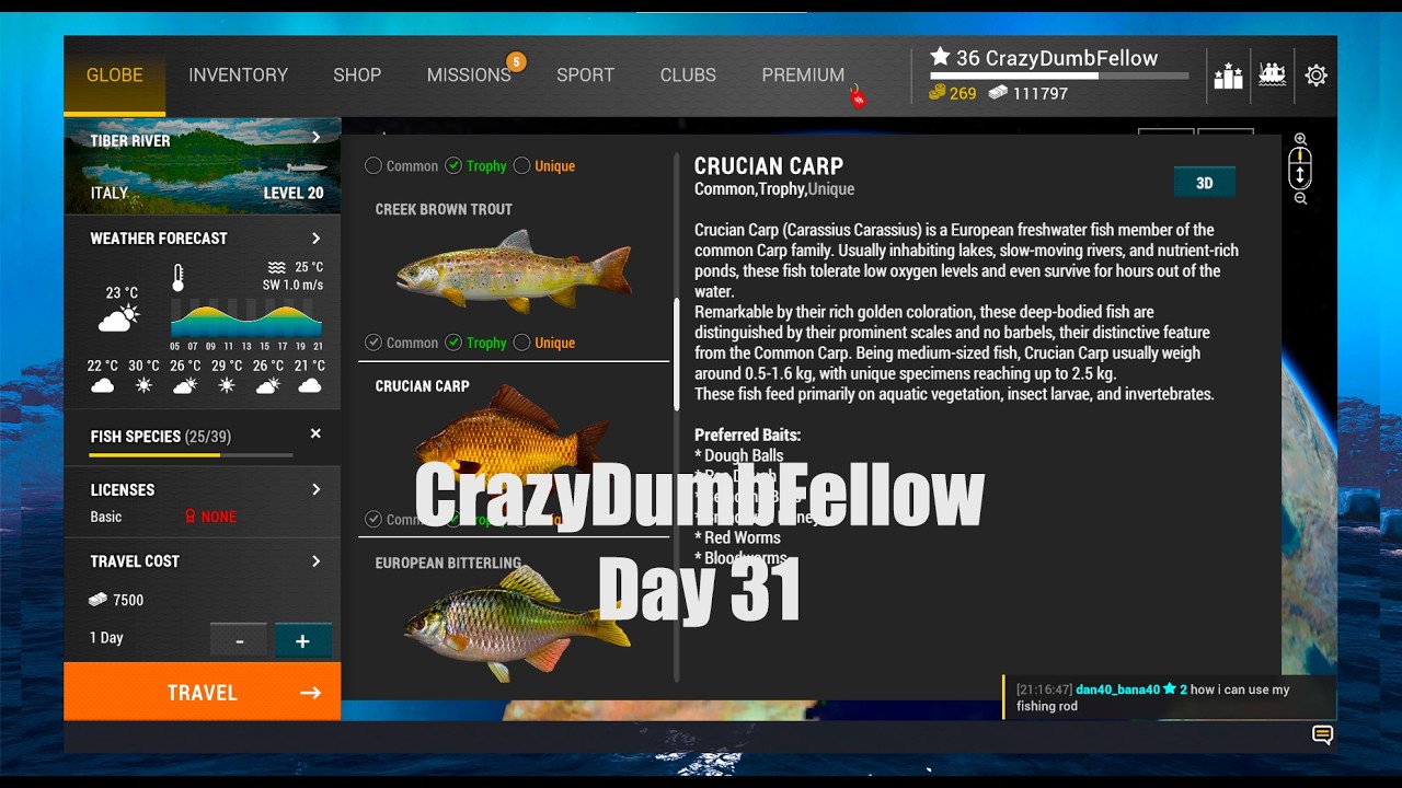 CrazyDumbFellow Day 31 Tiber River Crucian Carp Fishing Planet From The Beginning