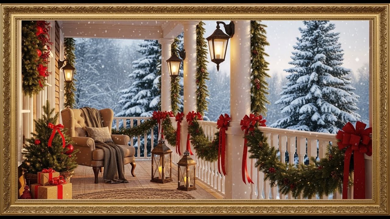 Frame TV Art - Frame Art TV with Music: Peaceful Snowy Christmas Porch: Rocking Chairs and Red Bows