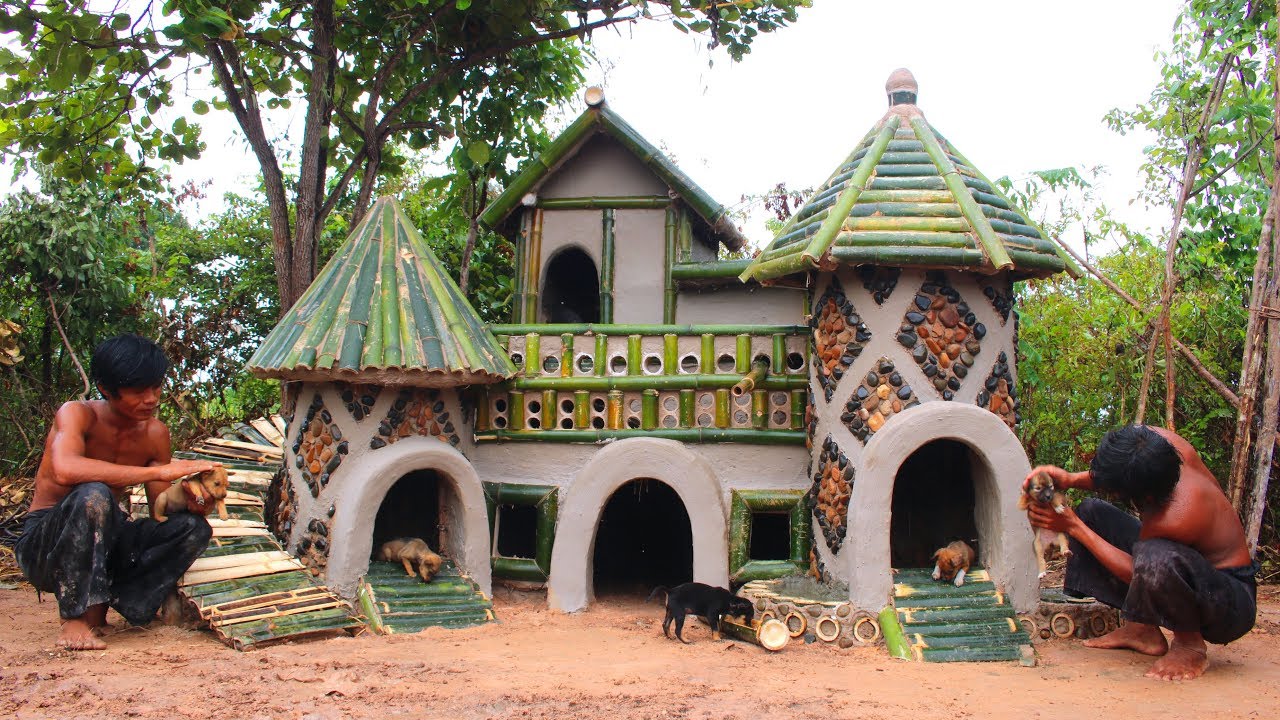Collect Abandoned Puppy and Build Bamboo House And Mud  For Sad Dog