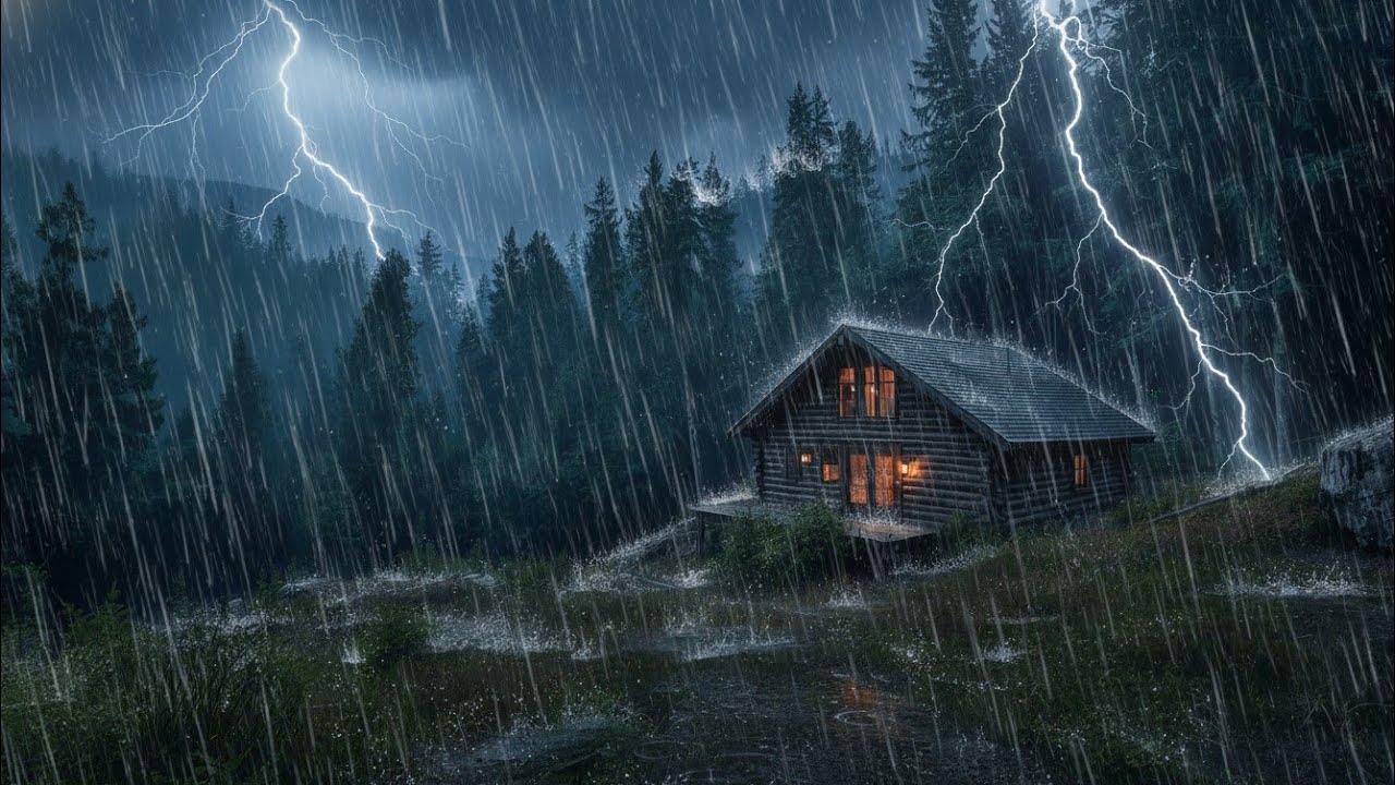 Dark Forest Cabin in Heavy Rain & Thunderstorm 🌲🌧️⚡ Night Ambience for Deep Sleep