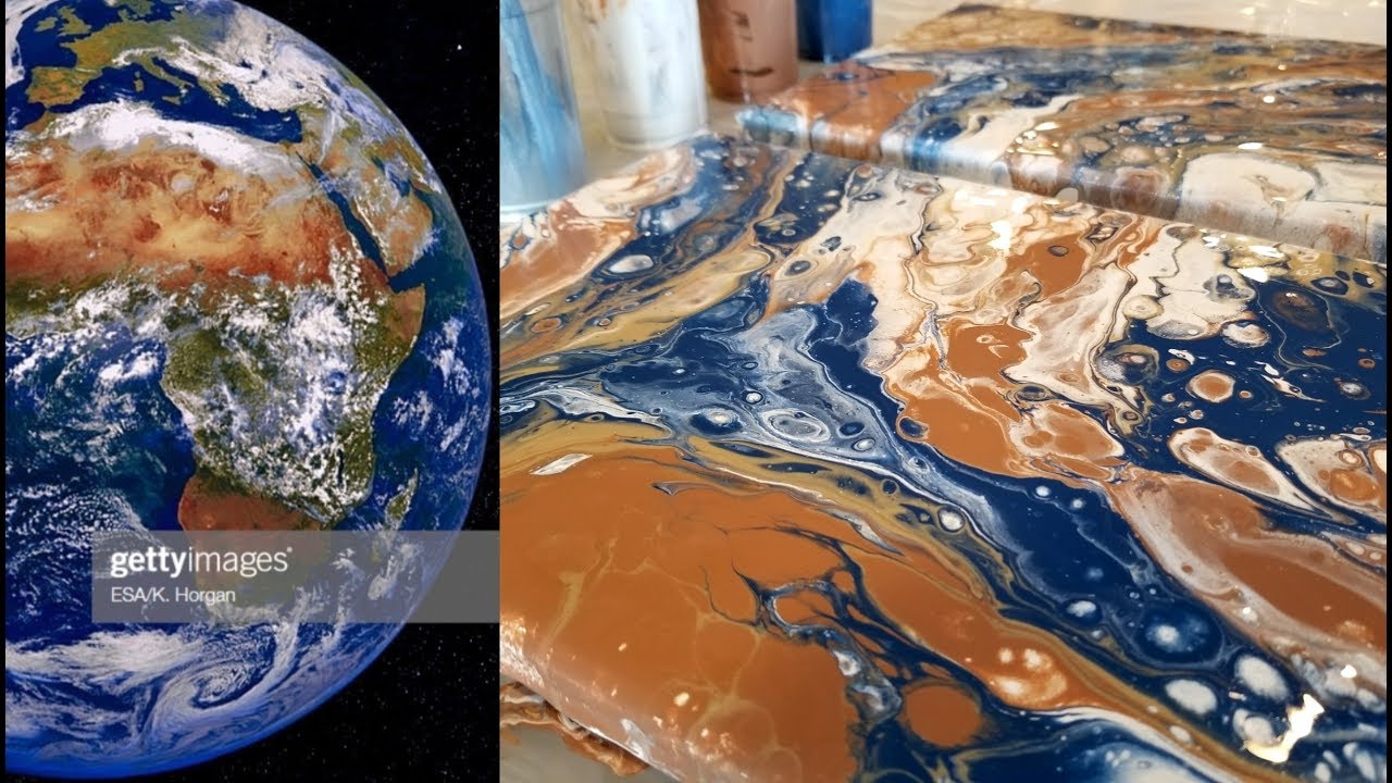 (#7)I Poured the EARTH!AcrylicPouring for Beginner 6 cups on 2 canvases-فن السكب-ألوان الكرة الأرضية
