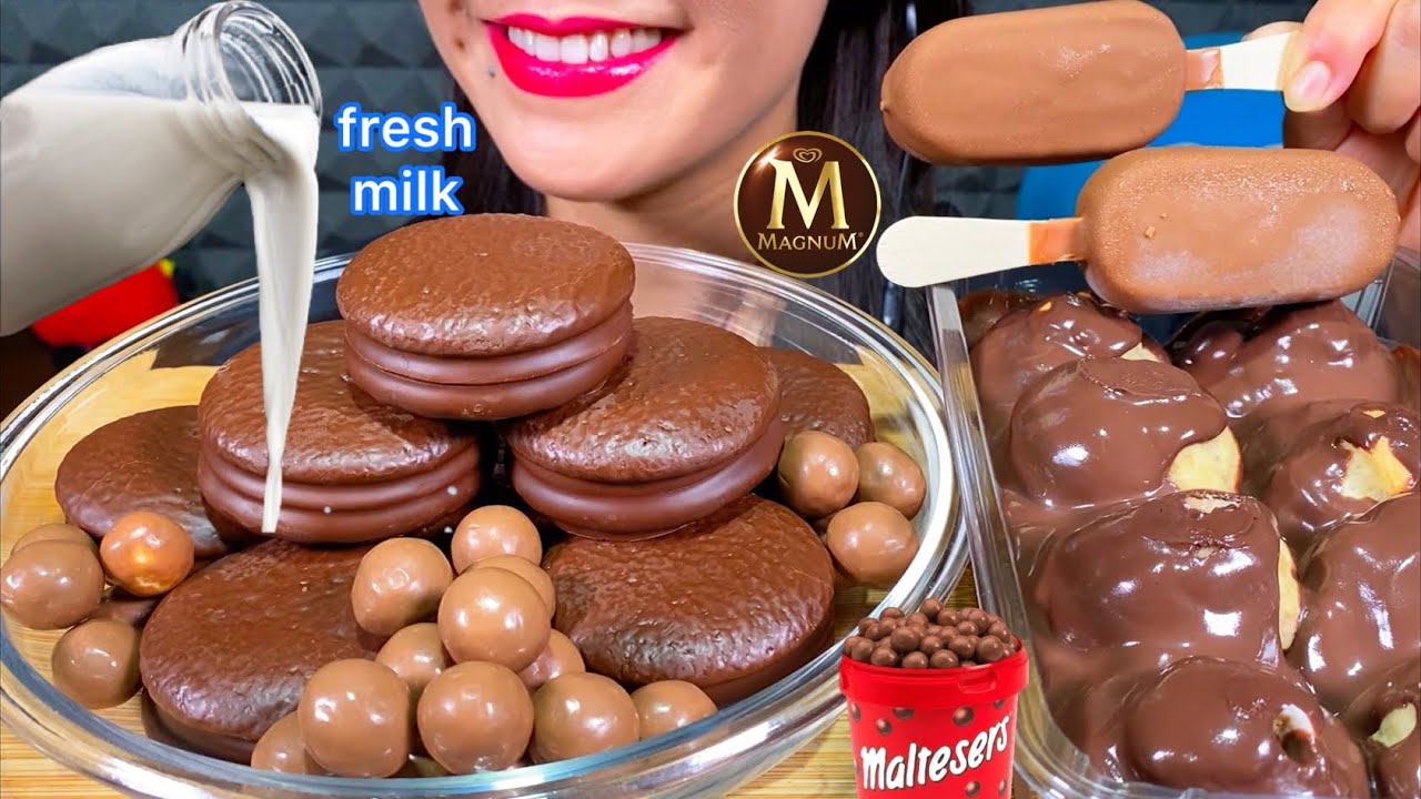 ASMR CHOCOLATE PROFITEROLE, MALTESERS CHOCO PIE, FRESH MILK, MAGNUM ICE CREAM MASSIVE Eating Sounds