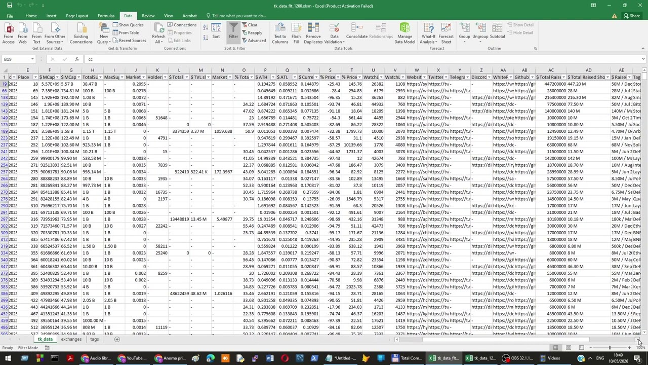 Excel .XLSM file with filter containing first 1200 tokens listed on coinmarketcap.com