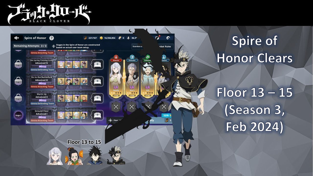 Black Clover Mobile Spire of Honor Season 3 Floor 13 to 15 Clears with Black Asta