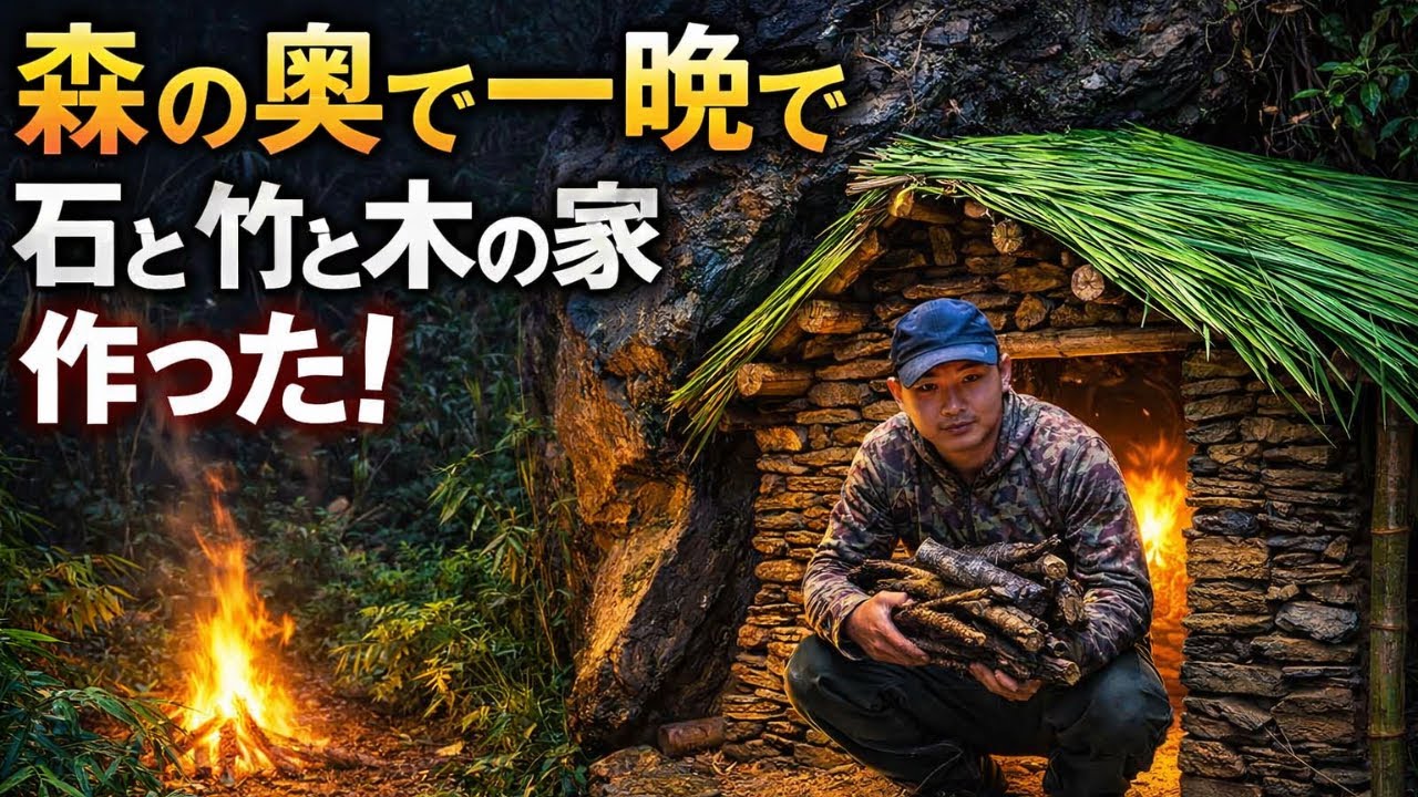 森の奥で石と竹と木だけで家を作り一晩過ごす｜一人サバイバル