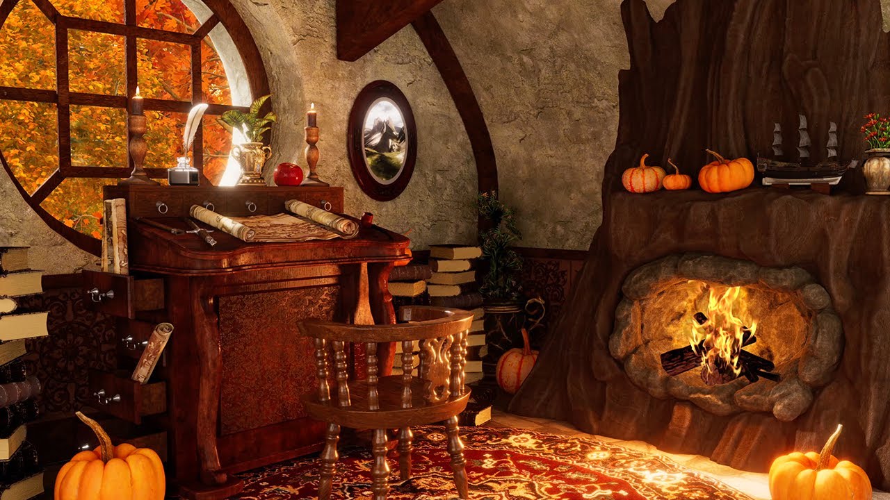 Hobbit Home Comforts 🍂 Cozy Fireplace & Fall Nature Sounds (The Shire, Hobbiton, Bag End Ambience)