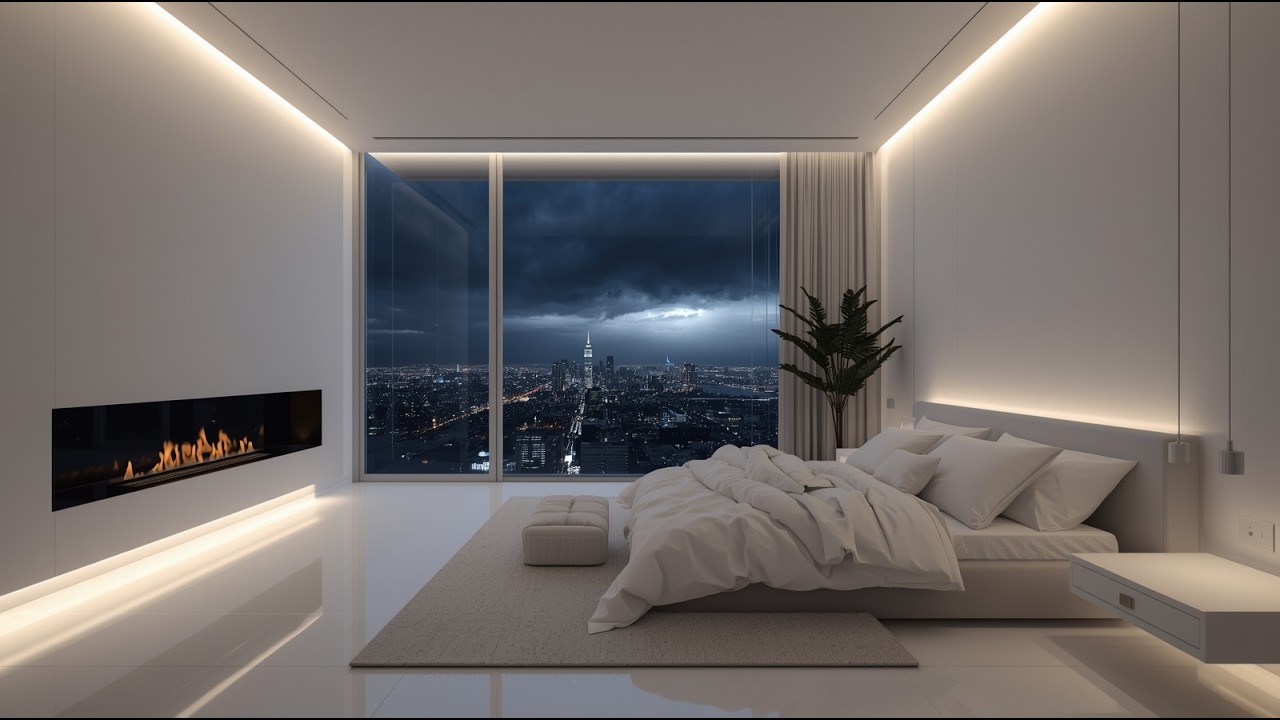 Minimalist Bedroom with City View 🌃 Gas Fireplace Ambience | Relaxing