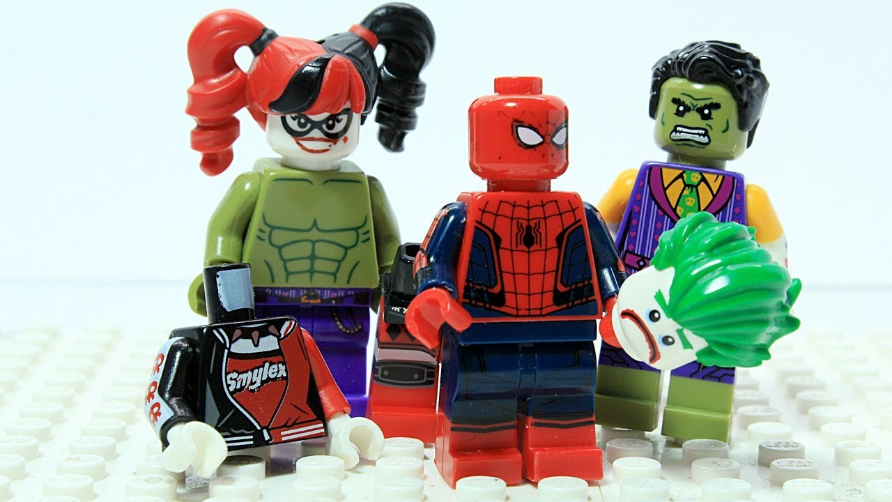 Lego Spiderman Wrong Heads Machine Hulk Joker HarleyQuinn Superhero Funny Cartoon