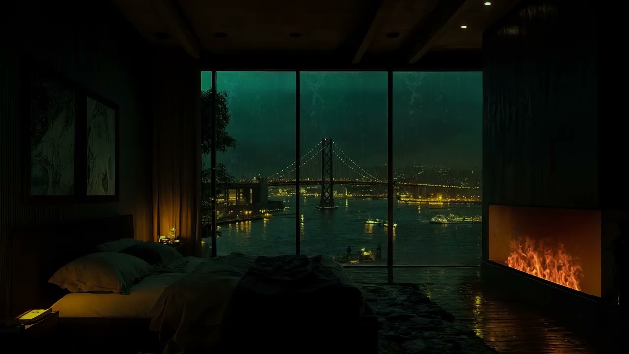 [FALL ASLEEP IN MINUTES] Heavy City Rain on Window 🌧️🔥 Warm Fireplace Night Sounds (No Ads)